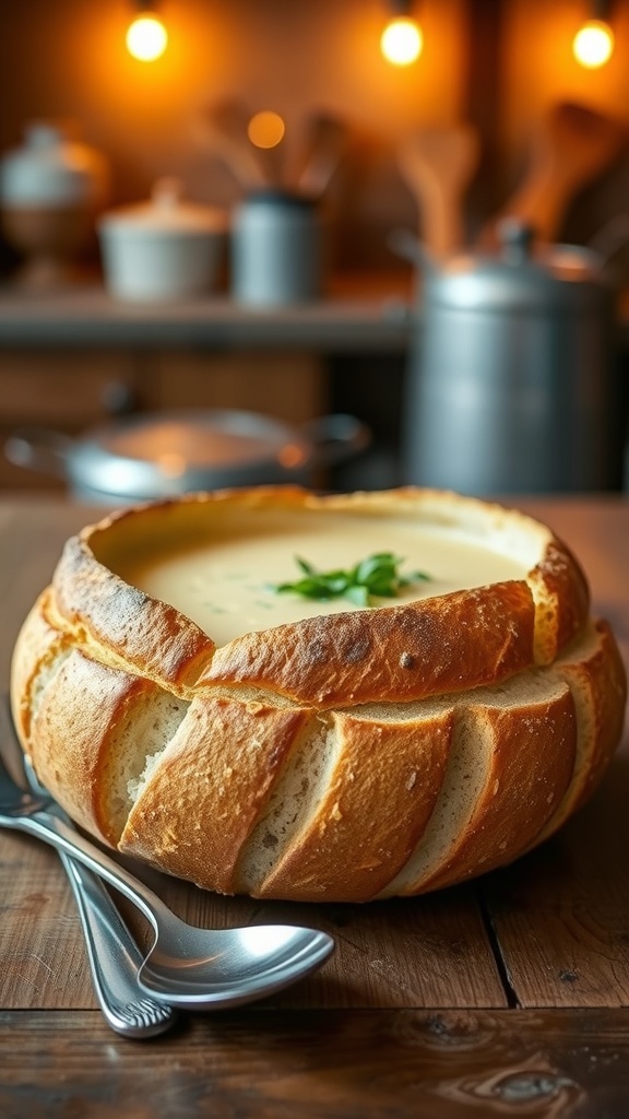 Homemade Sourdough Bread Bowl Recipe A crusty sourdough bread bowl filled with soup, garnished with herbs, on a wooden table.